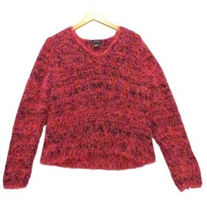 Sigrid Olsen Fuzzy Knit Sweater Long Sleeve‎ V Neck Pink Red Black Large